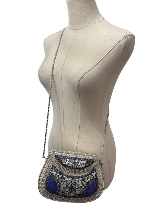 Handbags - Mosaic Mother of Pearl, Silver and Blue Crossbody Bag